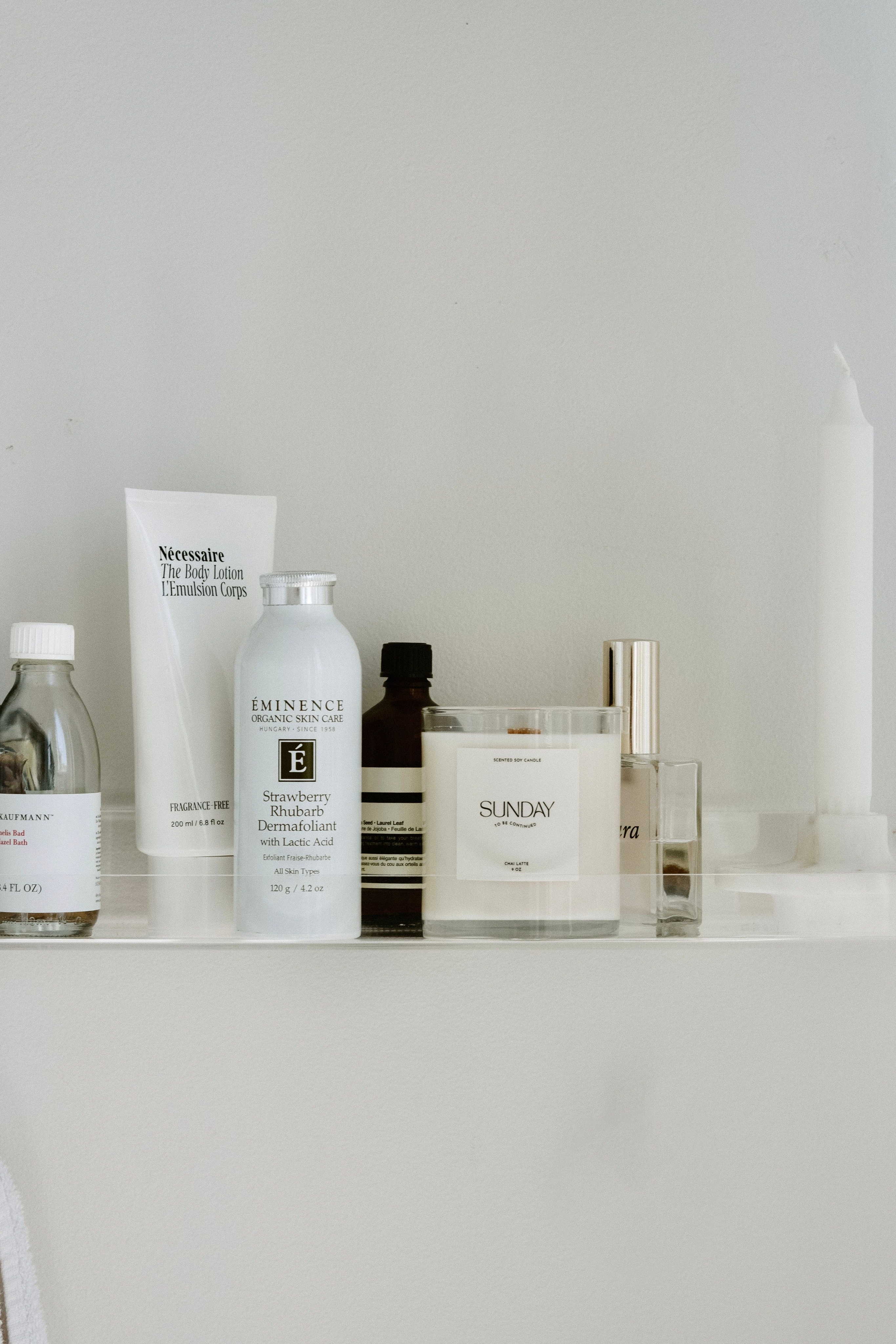 Skincare products on a bright bathroom counter